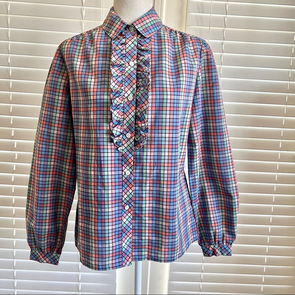 70s Joe Frank Sz 10 Plaid Purple Pastel Vintage Top Ruffle Front Button Up Shirt